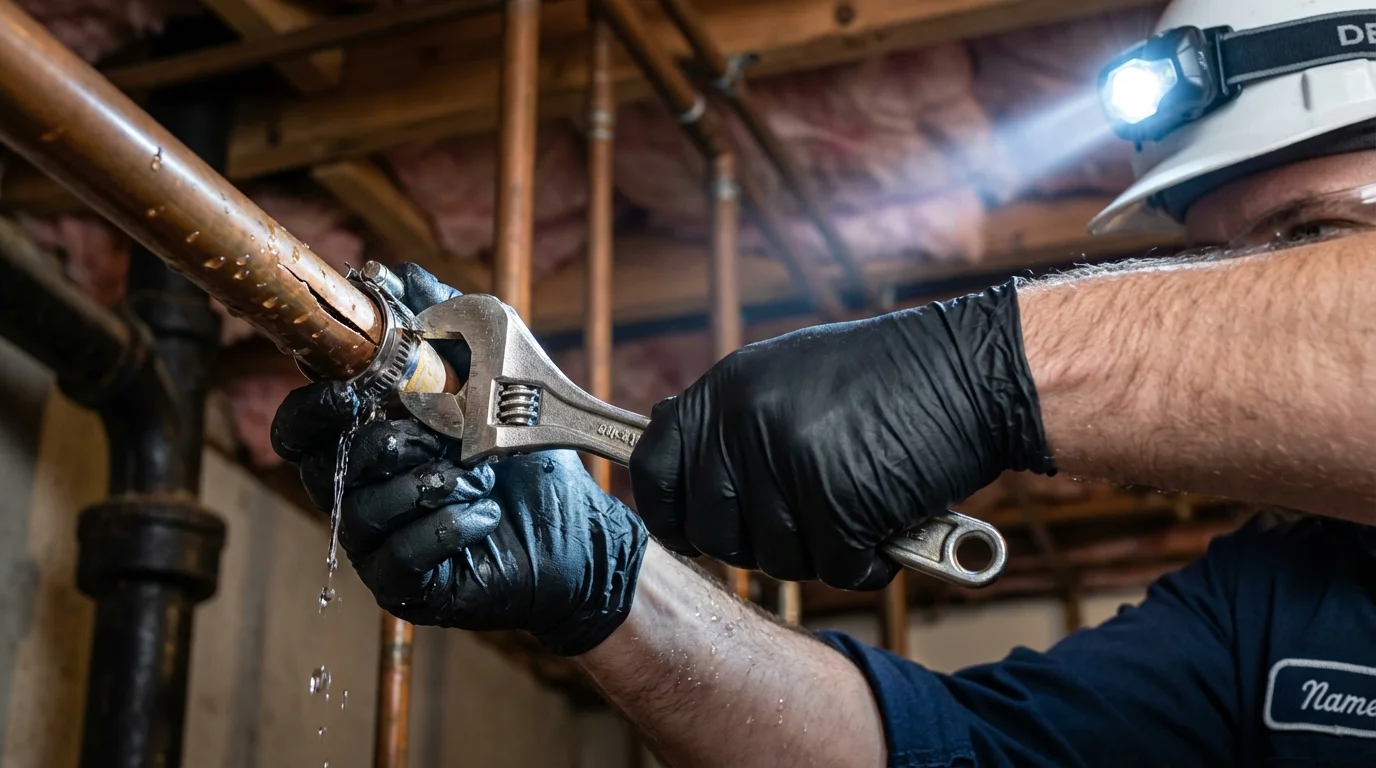 Emergency pipe clamp repair being performed by a Johns Plumbing LLC plumber in Levant
